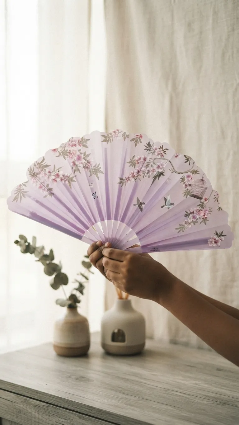Foldable transparent floral hand fan held by a child for summer cooling