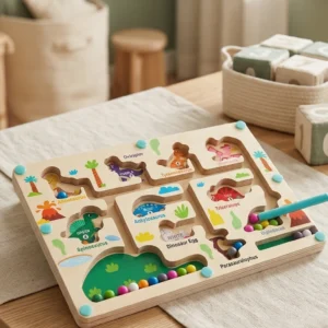 Wooden magnetic dinosaur color sorting and counting maze puzzle toy with magnetic pen