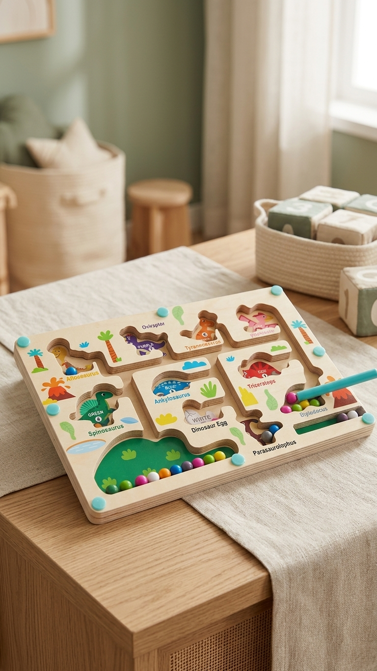 Wooden magnetic dinosaur color sorting and counting maze puzzle toy with magnetic pen
