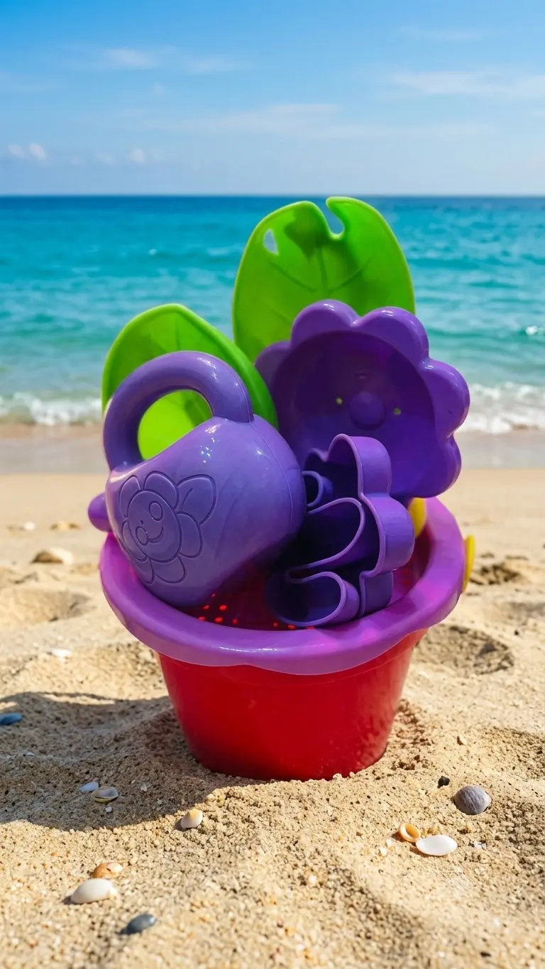 Kids colorful beach bucket and sand toy set with shovels and molds packaged in a net mesh bag.