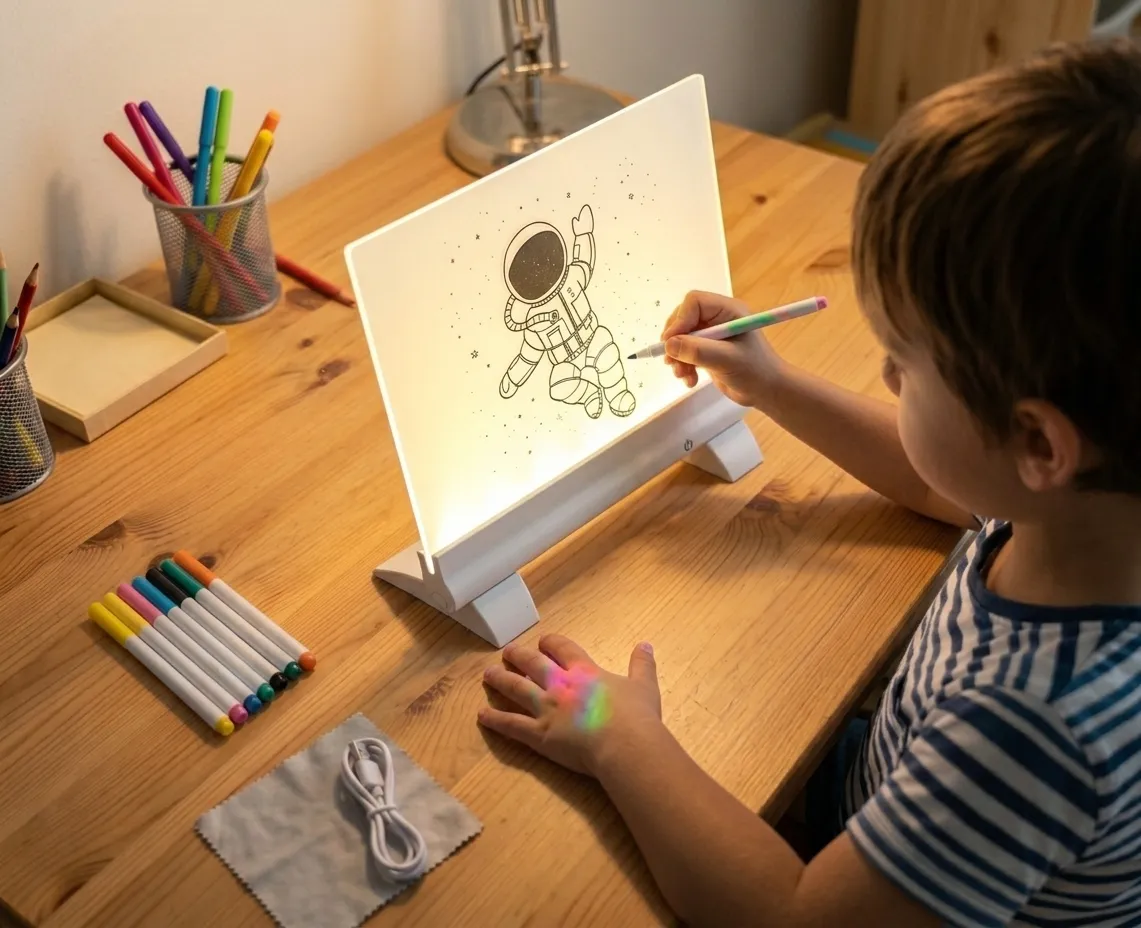 Rechargeable acrylic LED drawing and tracing board lamp set with markers and tracing sheets
