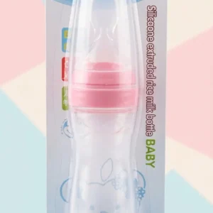 Apple Bear silicone squeeze feeding bottle with soft spoon attachment in blue and pink color variants.