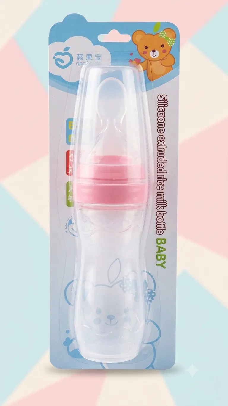 Apple Bear silicone squeeze feeding bottle with soft spoon attachment in blue and pink color variants.
