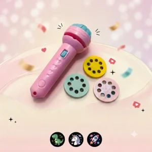 Pink kids flashlight projector toy emitting colorful light with 5 slide discs showing space and dinosaur patterns.