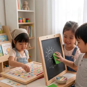 Double-sided kids wooden writing board set showing magnetic whiteboard with alphabet tiles on one side and black chalkboard slate on the reverse.