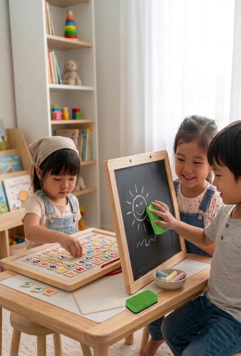 Double-sided kids wooden writing board set showing magnetic whiteboard with alphabet tiles on one side and black chalkboard slate on the reverse.