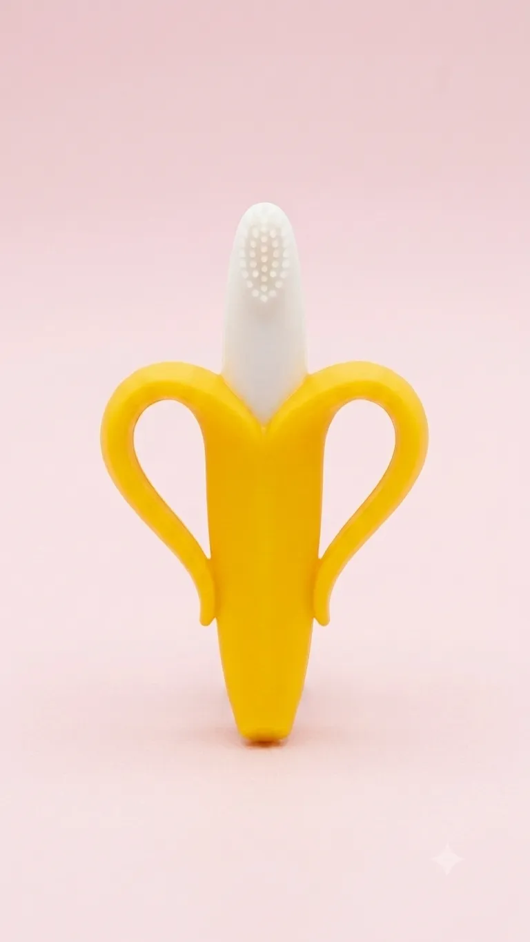 Yellow baby banana silicone teether and training toothbrush with soft silicone bristles held by a smiling baby.