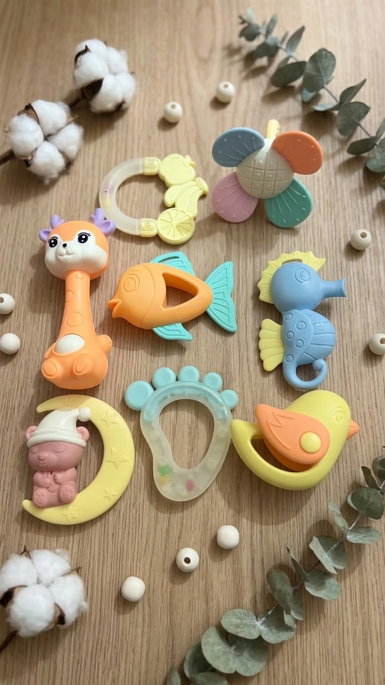 8-piece colorful baby rattles and food-grade silicone teether set arranged on a wooden background.
