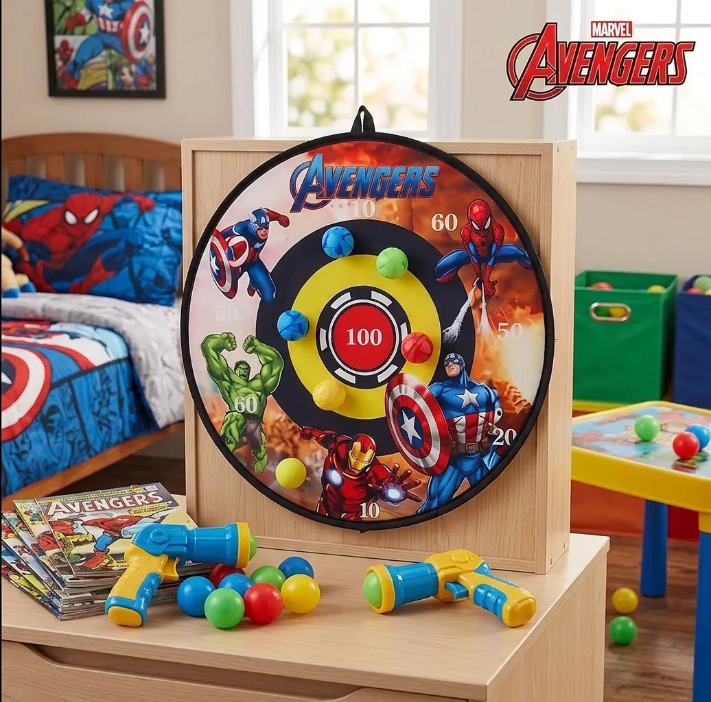 Kids sticky ball dart board game set with 2 blaster guns and 6 colorful velcro balls