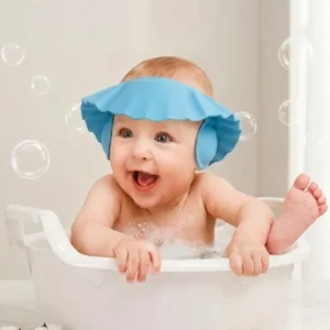 Soft EVA foam adjustable baby shower cap visor with integrated ear flaps in pink and blue color options.