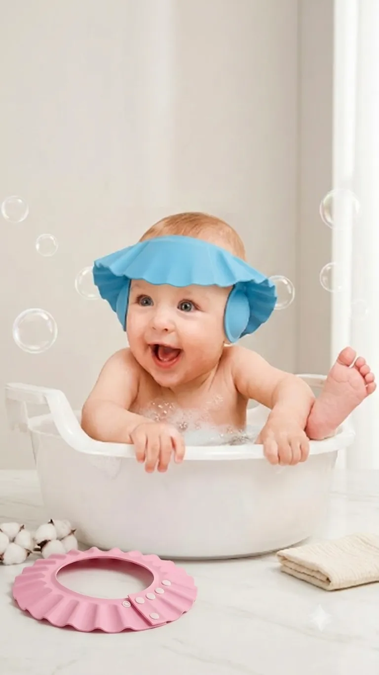 Soft EVA foam adjustable baby shower cap visor with integrated ear flaps in pink and blue color options.