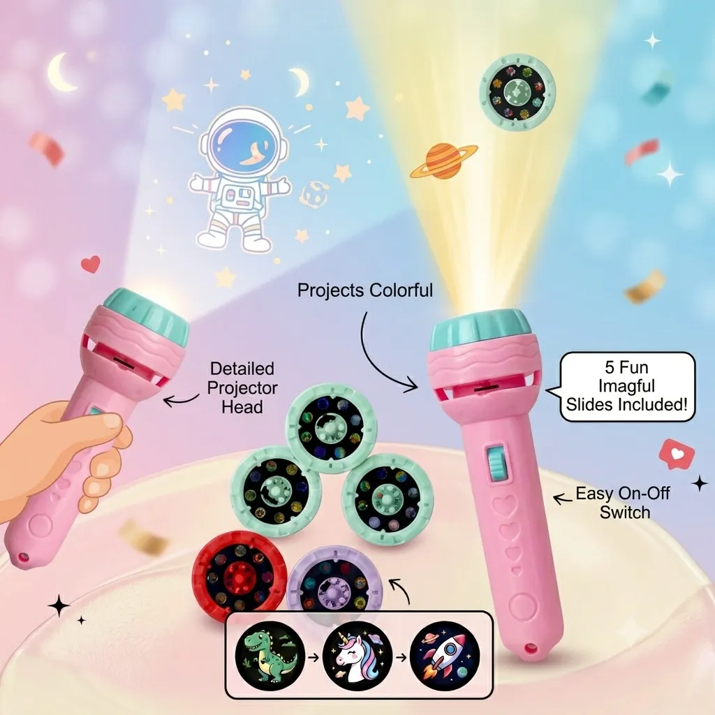 Pink kids flashlight projector toy emitting colorful light with 5 slide discs showing space and dinosaur patterns.