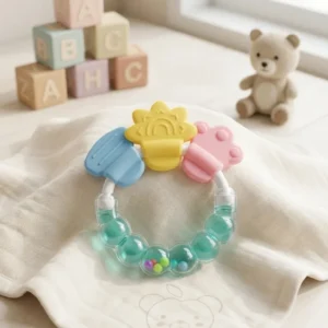 Apple Bear colorful silicone ring baby teether with textured sun and paw shapes and a clear bead rattle section.