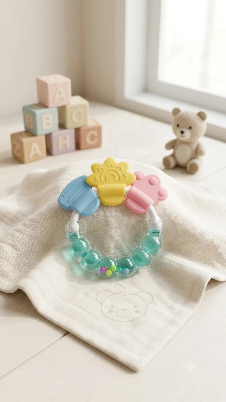 Apple Bear colorful silicone ring baby teether with textured sun and paw shapes and a clear bead rattle section.