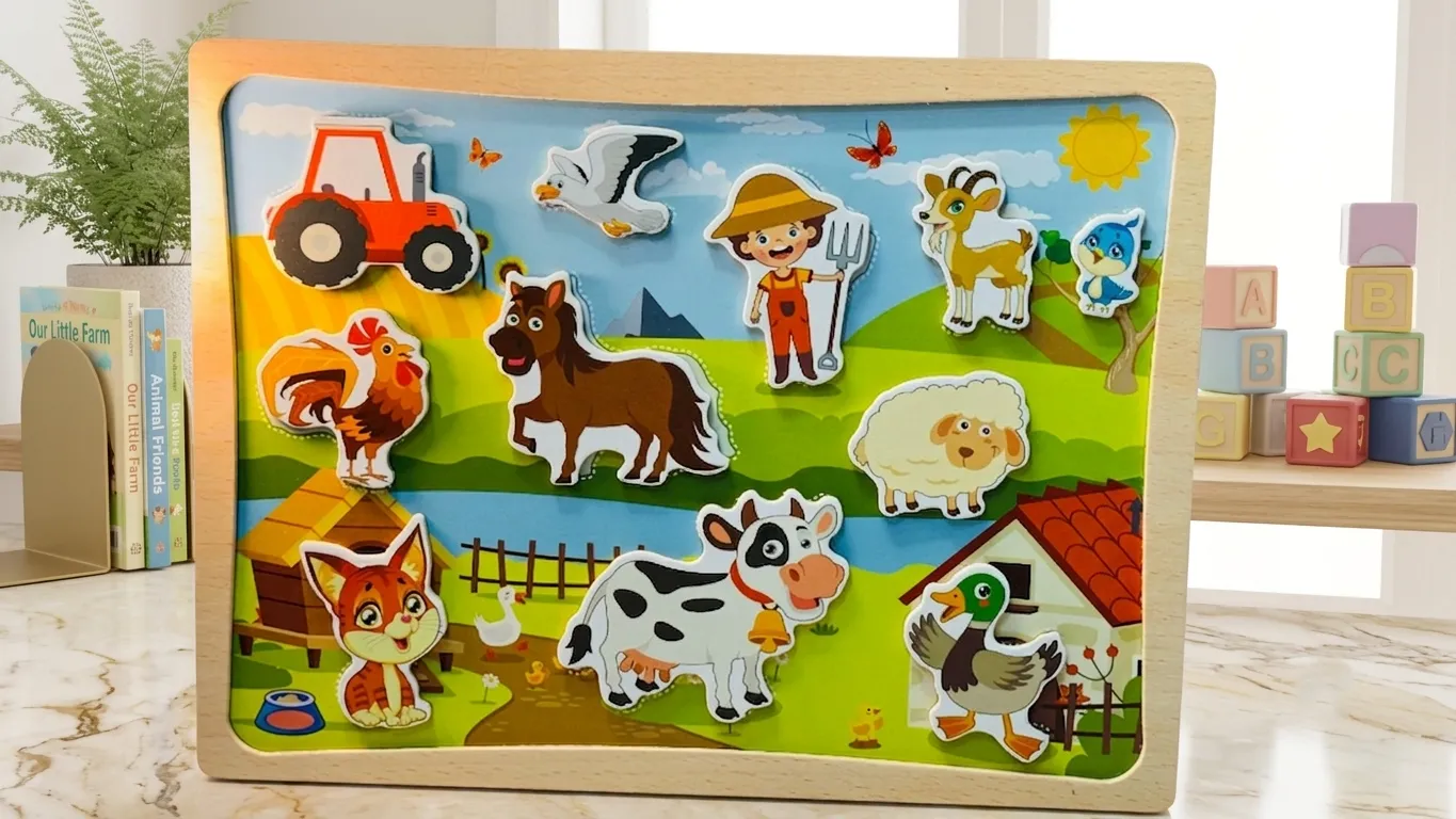 Double-sided wooden magnetic toy board showing a colorful farm scene with animal magnets on one side and a dry-erase whiteboard with a marker on the reverse.