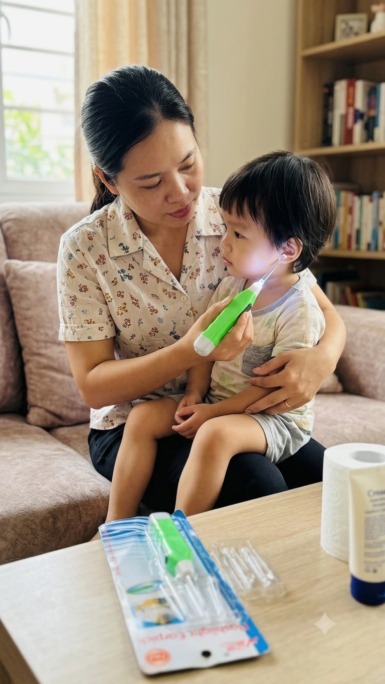 Mother using a bright green LED light earpick tool to gently clean her toddler's ear indoors.