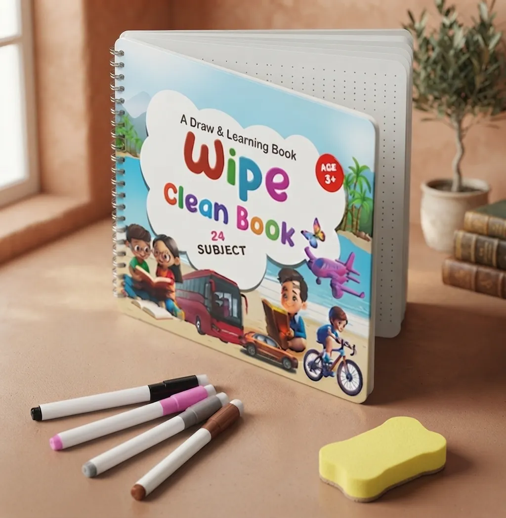 Reusable wipe clean draw and learning activity book 24 subjects with markers and eraser