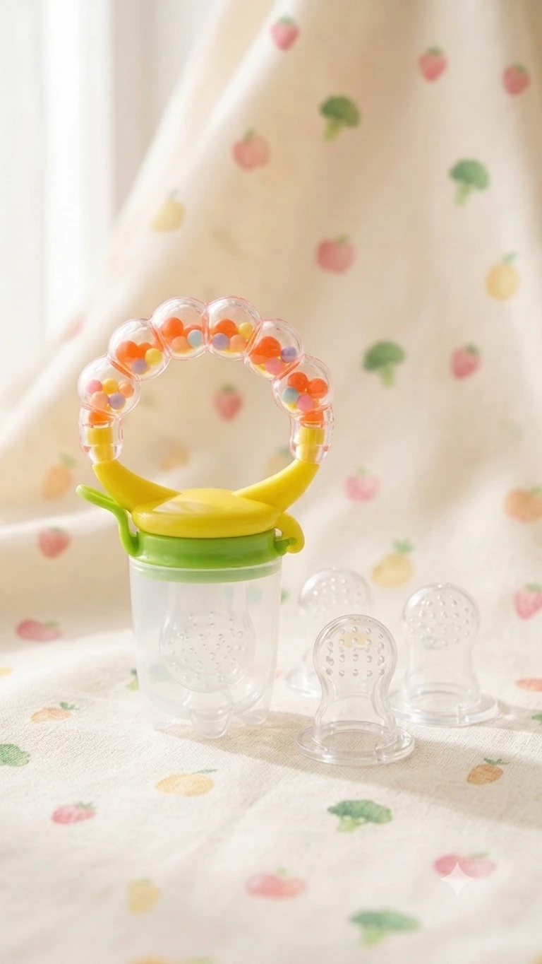 Baby fruit feeder pacifier with a colorful bead rattle handle and extra replacement silicone teats.