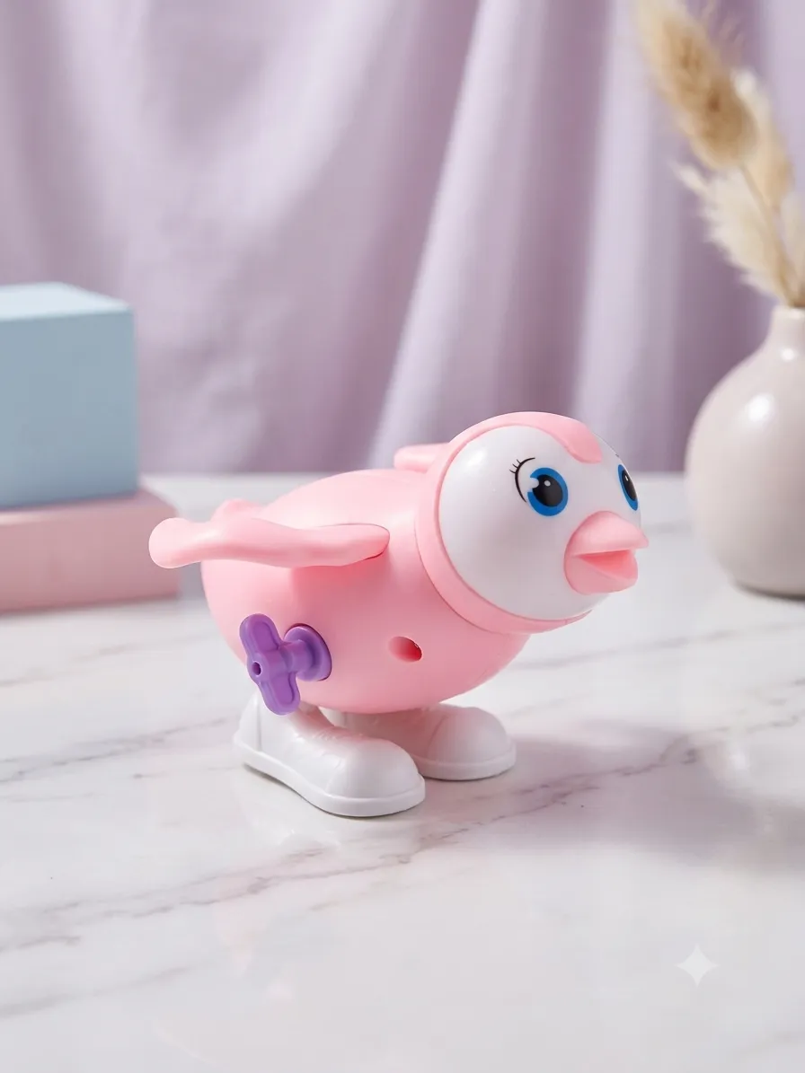 Cute pink penguin wind-up toy with white belly and side winding key standing on a smooth surface.