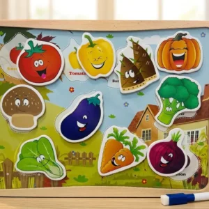 Wooden 2-in-1 magnetic vegetable puzzle toy for kids with colorful vegetable pieces.
