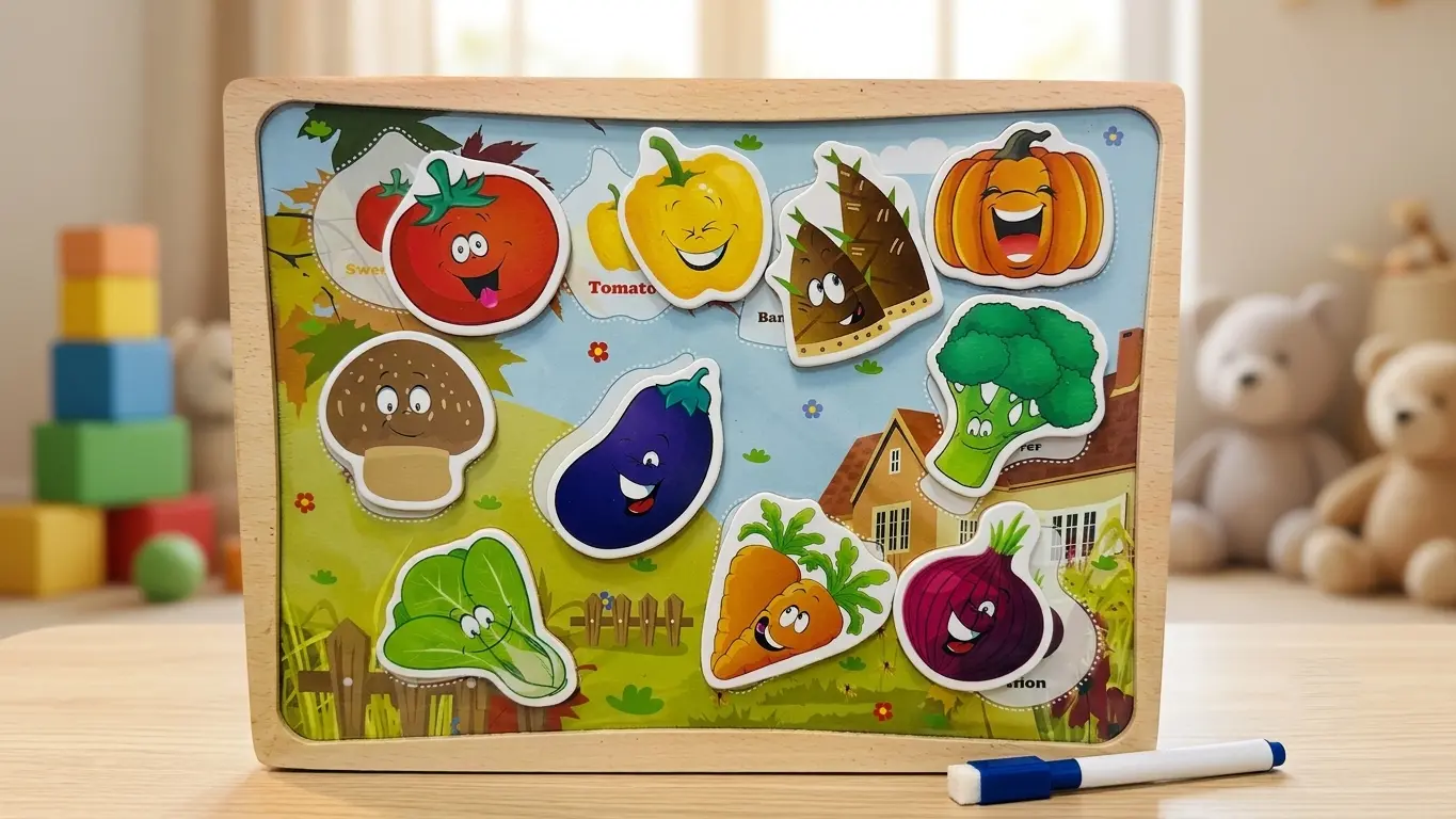 Wooden 2-in-1 magnetic vegetable puzzle toy for kids with colorful vegetable pieces.