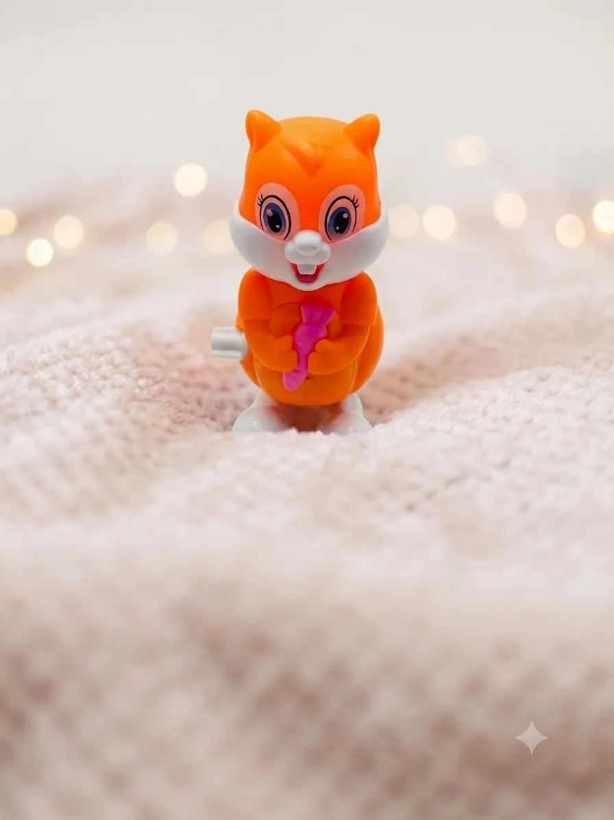 Cute orange squirrel wind-up toy holding a pink carrot standing on a light-colored surface.