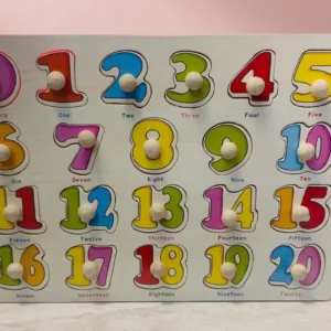 Wooden number peg puzzle board with numbers 0 to 20 painted in bright colors and fitted with wooden knobs.