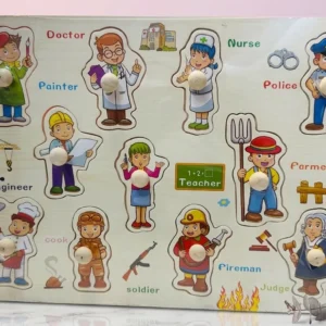 Wooden profession peg puzzle board featuring community helpers like doctor, teacher, firefighter, police officer, and engineer with wooden handles.