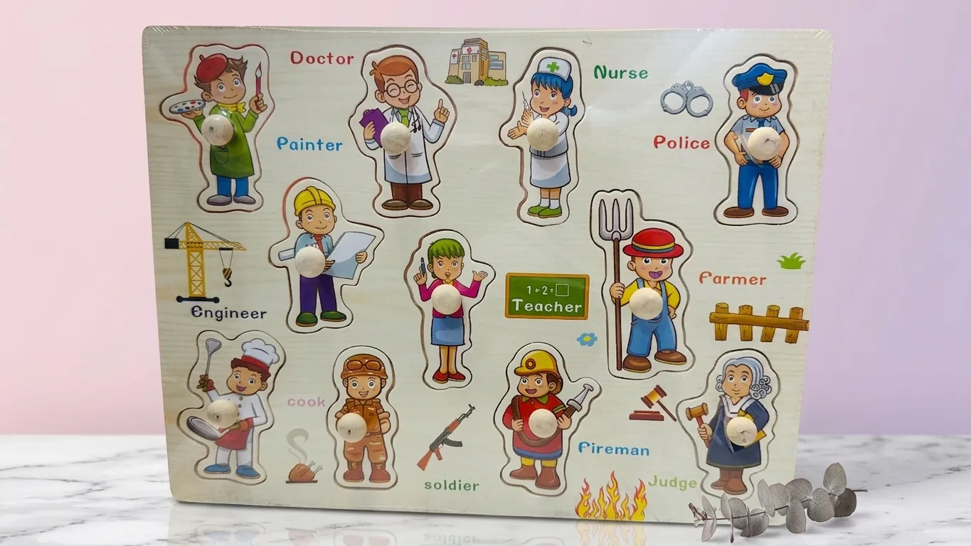Wooden profession peg puzzle board featuring community helpers like doctor, teacher, firefighter, police officer, and engineer with wooden handles.