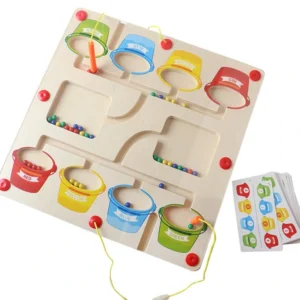 Wooden magnetic color sorting maze board with paint bucket design and matching cards