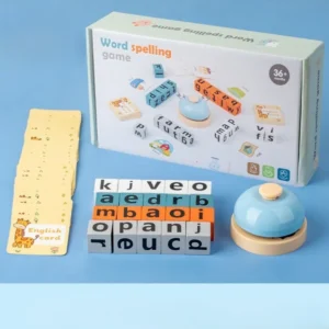 Wooden word spelling game set with engraved alphabet blocks, picture flashcards, and a desktop bell