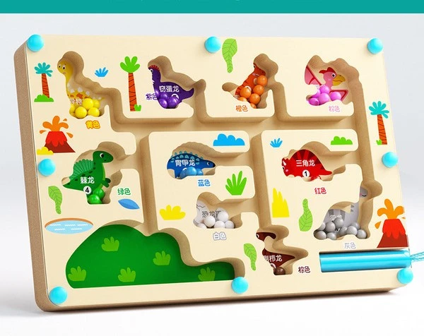 Wooden magnetic dinosaur color sorting and counting maze puzzle toy with magnetic pen