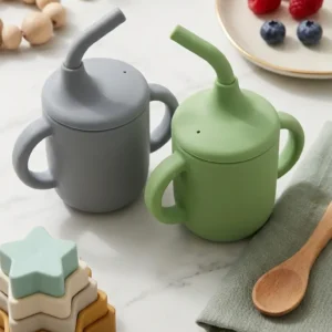 Sage green and grey soft silicone baby sippy cups with straw and double handles