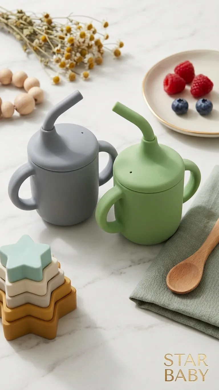Sage green and grey soft silicone baby sippy cups with straw and double handles