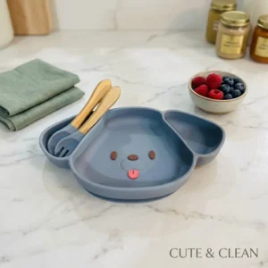 Green cat and grey puppy silicone suction divided baby plates with wooden spoon and fork.