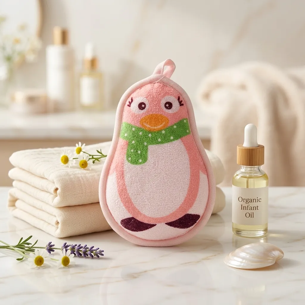 Ultra soft cute penguin baby bath sponge pad for newborn bathing.