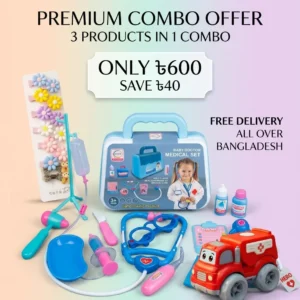 edical play set case with stethoscope and IV drip, toy red ambulance car, and hair clip set for children.