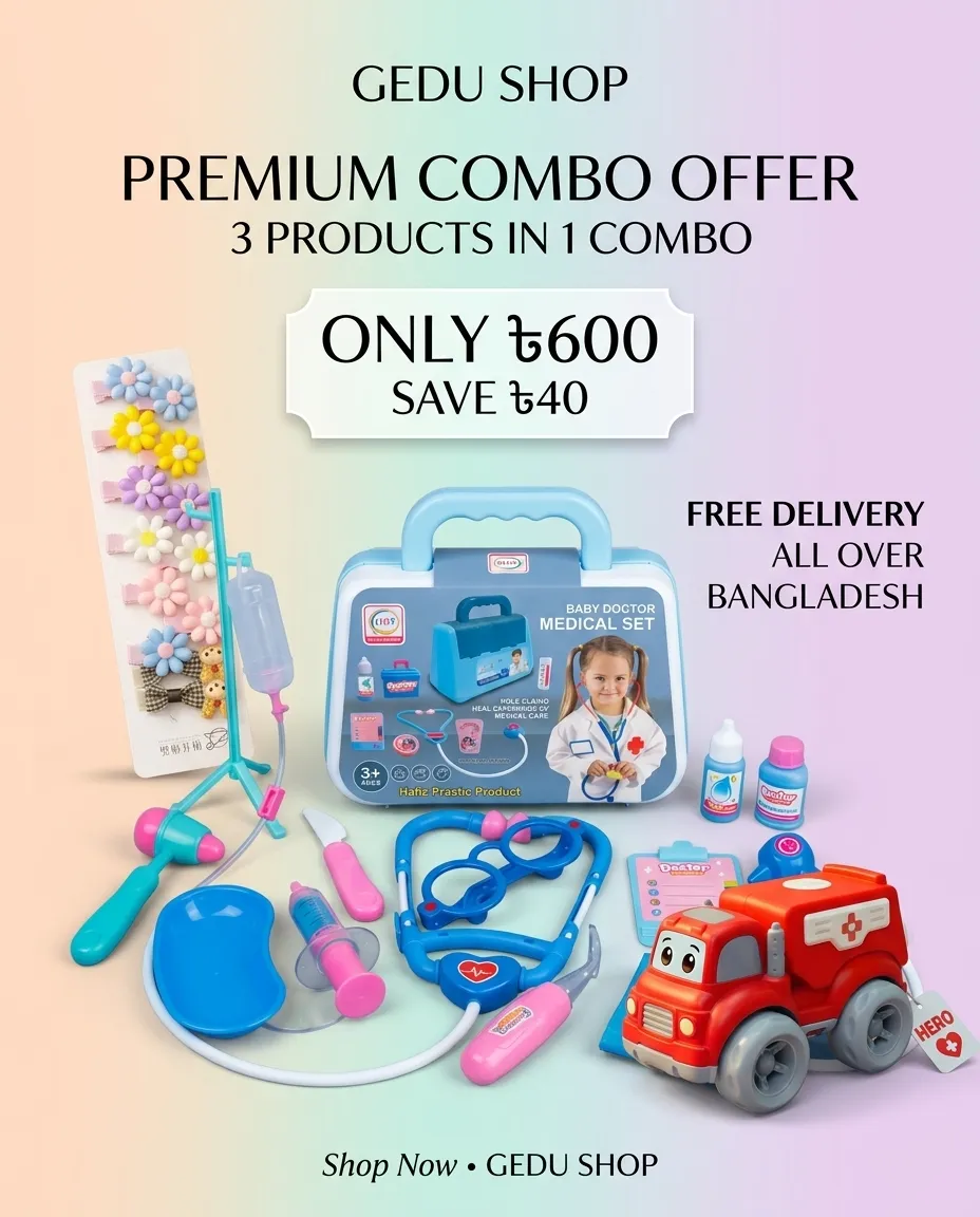 edical play set case with stethoscope and IV drip, toy red ambulance car, and hair clip set for children.