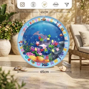 Inflatable water play mat with ocean design and alphabet border for baby tummy time.