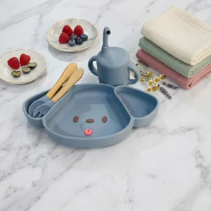 Premium 4-piece silicone baby feeding set with cat and dog suction plates, sippy cups, and wooden cutlery