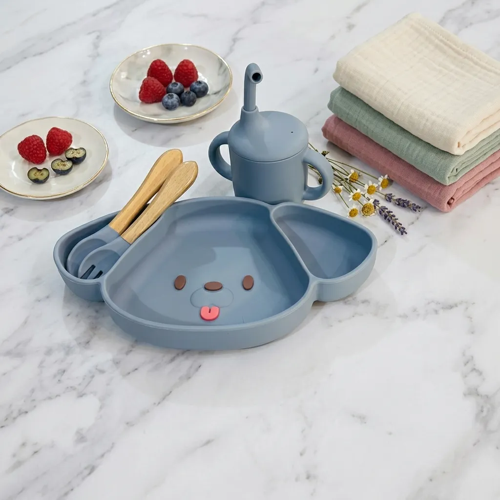 Silicone Suction Baby Feeding Set Premium 4-piece silicone baby feeding set with cat and dog suction plates, sippy cups, and wooden cutlery