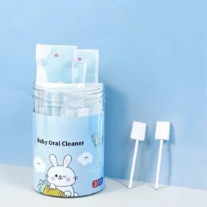 Container of disposable baby oral cleaner gauze swabs for newborn tongue and gum cleaning.
