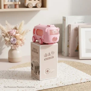Cute pink bear bus water bottle with straw and shoulder strap for kids.