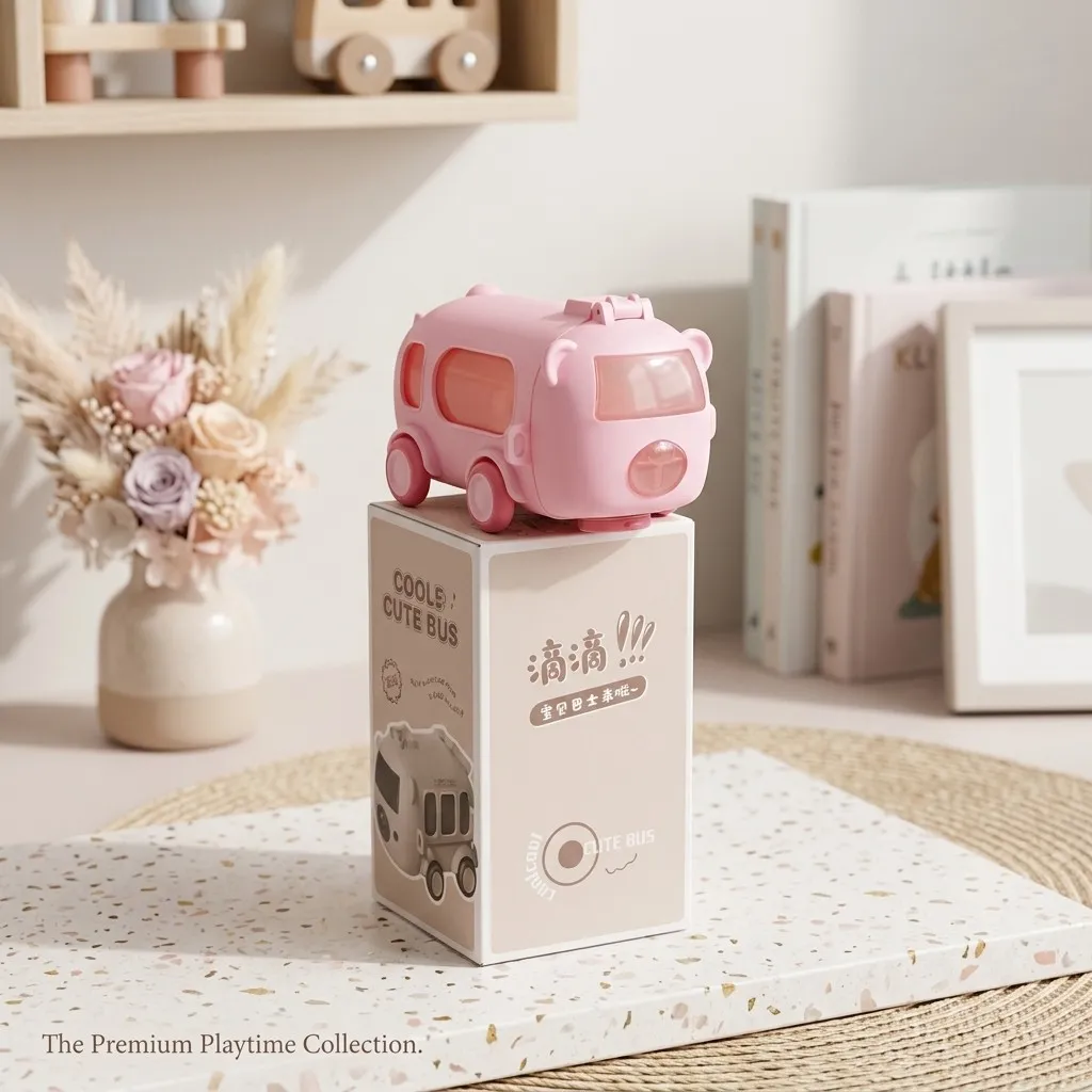 Cute pink bear bus water bottle with straw and shoulder strap for kids.