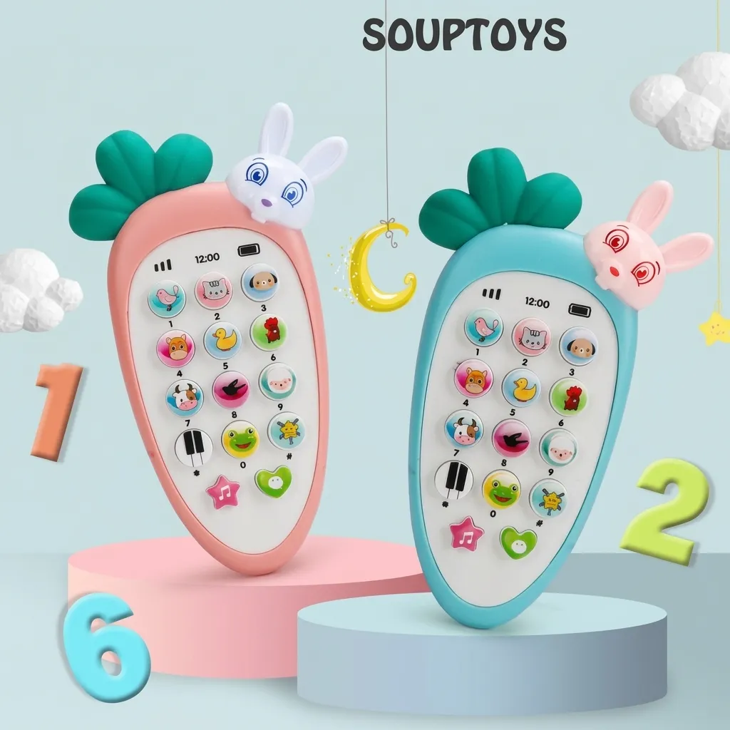 Intelligent educational baby toy phone with soft teether ears and LED light.