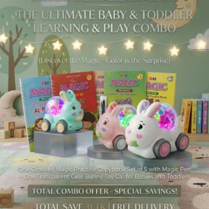 Grooved Magic Practice Copybook set of 5 with magic pen and a light-up transparent gear bunny toy car for toddlers.
