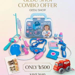 Medical play set case with stethoscope and IV drip, toy red ambulance car, and hair clip set for children.