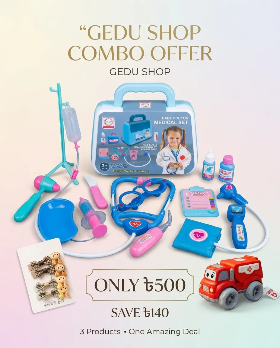 Medical play set case with stethoscope and IV drip, toy red ambulance car, and hair clip set for children.